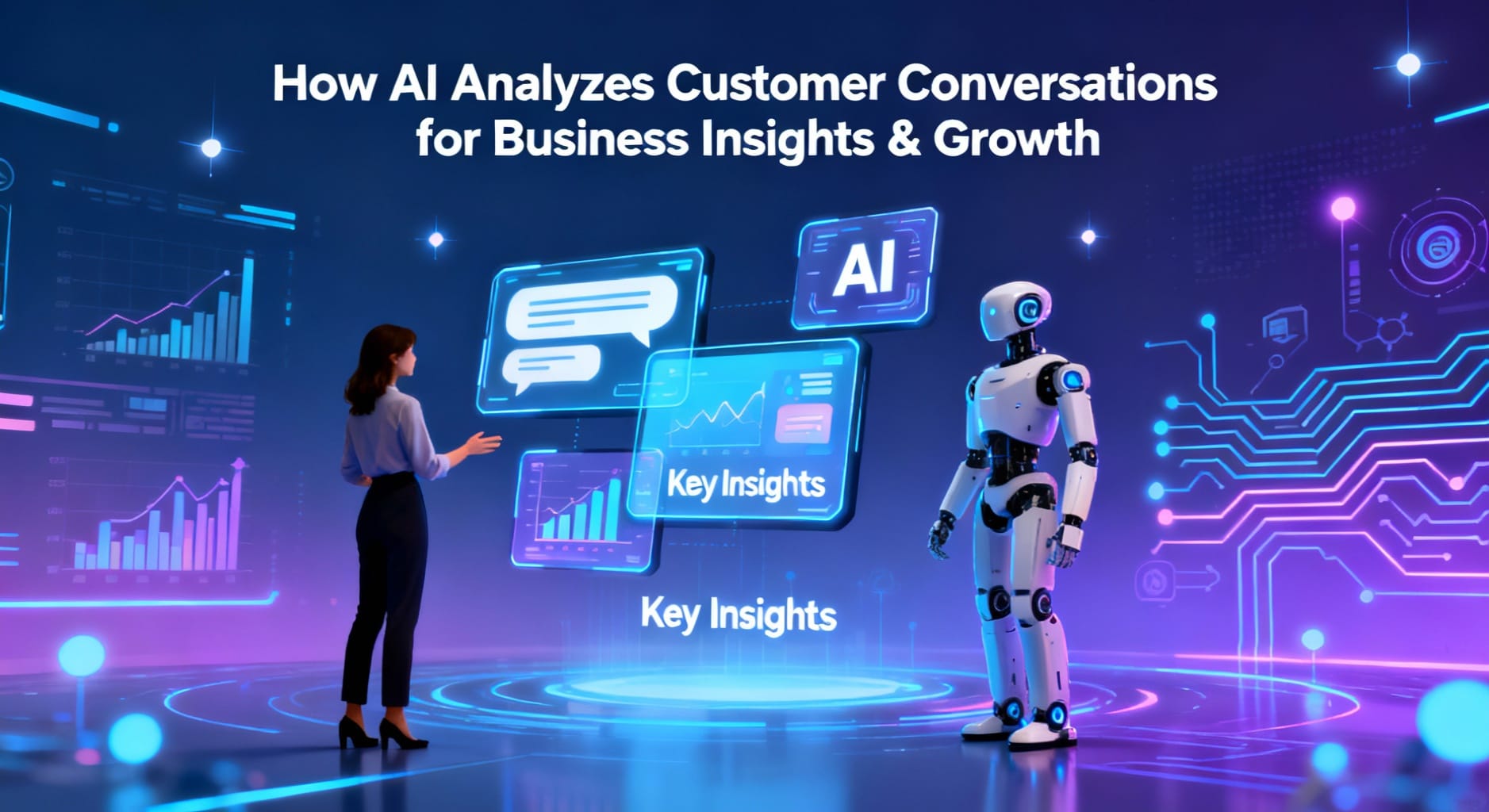 A woman and a robot stand facing each other, surrounded by digital screens displaying charts, graphs, and icons, illustrating AI analysis of customer conversations.