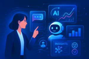 A businesswoman interacts with a robot and digital screens displaying AI-related charts, graphs, and insights in a futuristic, blue-toned setting.