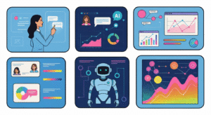 Six illustrated panels show a woman interacting with data charts, video calls, artificial intelligence, a robot, and various colorful graphs and analytics.