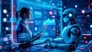 A woman and a humanoid robot discuss data shown on digital screens with charts and graphs in a high-tech, futuristic setting.